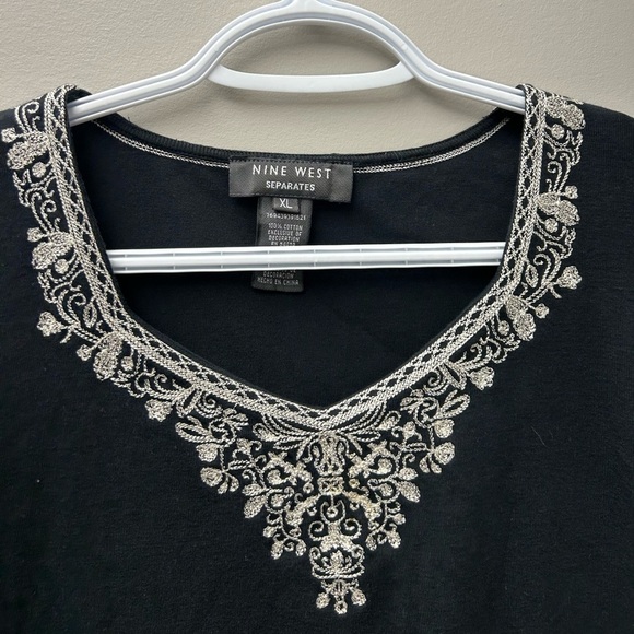 Nine West Black Long Sleeve Top With White Embroidery - Picture 2 of 4